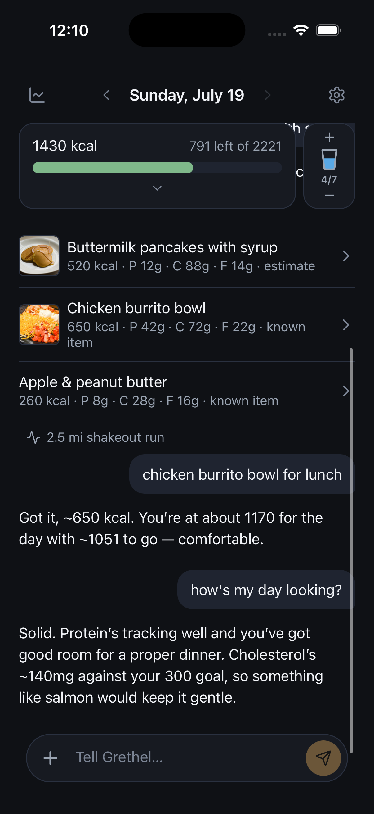Logging a meal by chatting with Grethel in plain language