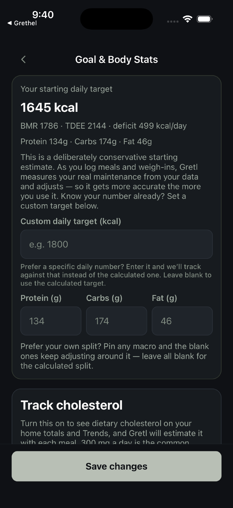 Gretl's goal screen, showing the daily calorie target calculated from your own numbers