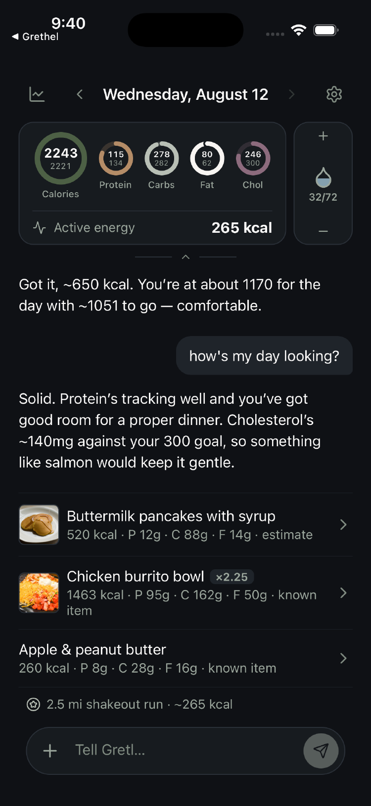 Gretl's home screen: rings for calories, protein, carbs, fat and cholesterol, the day's log, and the coach answering in plain language