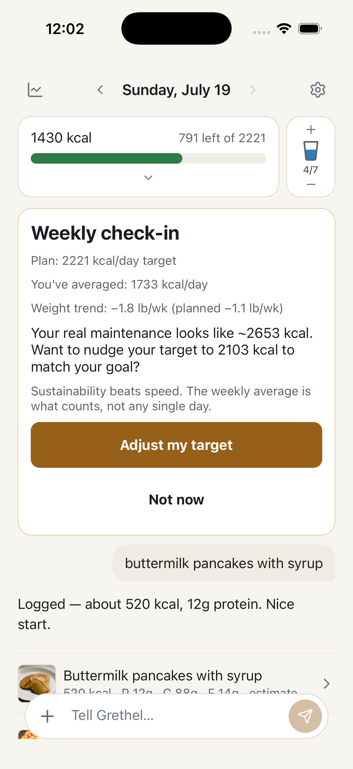 Grethel's home screen: today's calories, water, and a weekly check-in