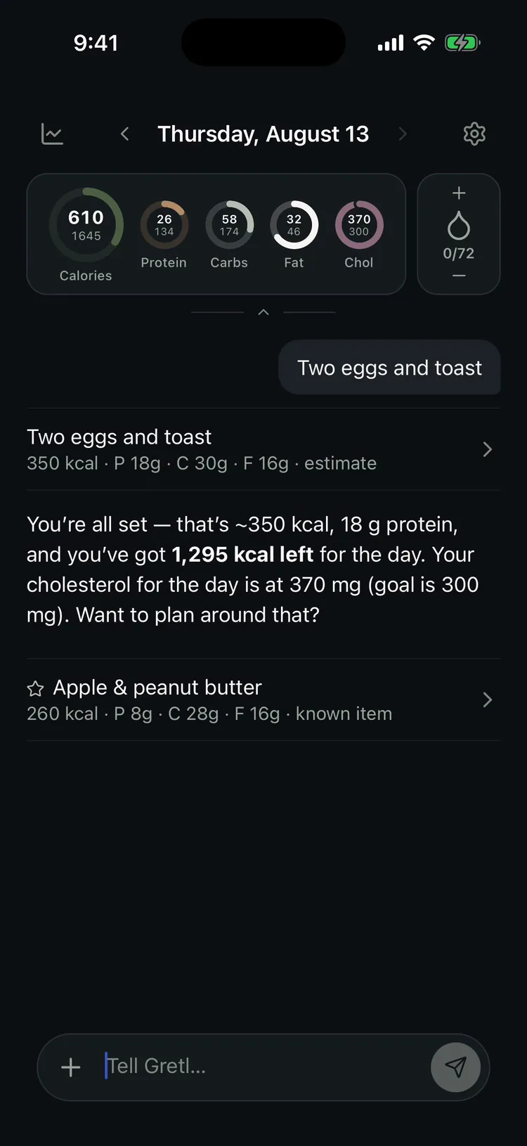 The home screen: rings for calories, protein, carbs, fat and cholesterol, two meals logged, and the coach answering in plain language.